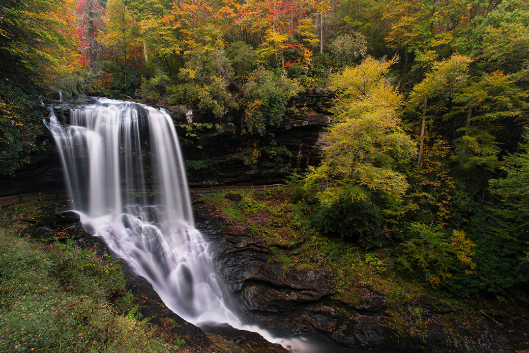 Dry Falls is located along the Mountain Waters Scenic Byway near Highlands and Cashiers. 