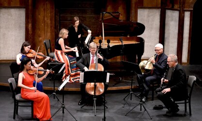 ATLANTA CHAMBER PLAYERS: Performing at the Shakespeare Tavern November 18, 2019, before the canceling of their season are Helen Hwaya Kim (violin), Catherine Lynn (viola), Elizabeth Pridgen (piano), Brad Ritchie (cello), Brice Andrus (horn), and Ted Gurch (clarinet).